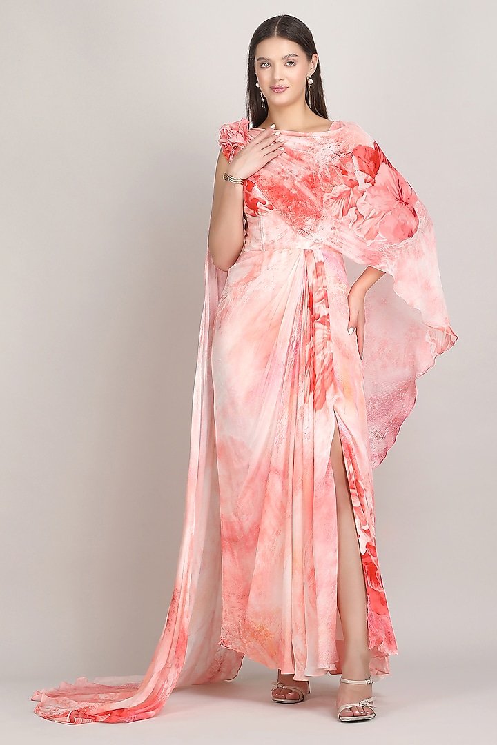 Red Viscose Chiffon Floral Printed Corset Maxi Cocktail Dress by Mandira Wirk - Resort at Pernia's Pop Up Shop