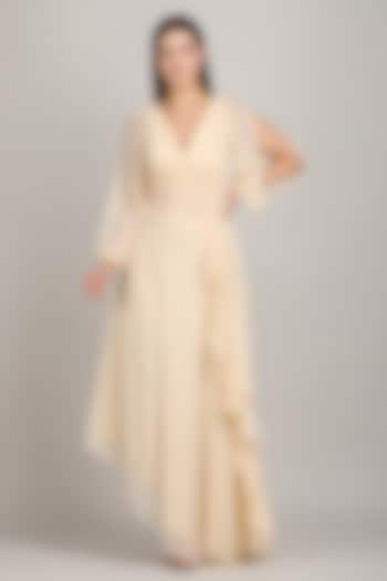 Beige Viscose Georgette Ruffled Party Wear Gown by Mandira Wirk - Resort at Pernia's Pop Up Shop
