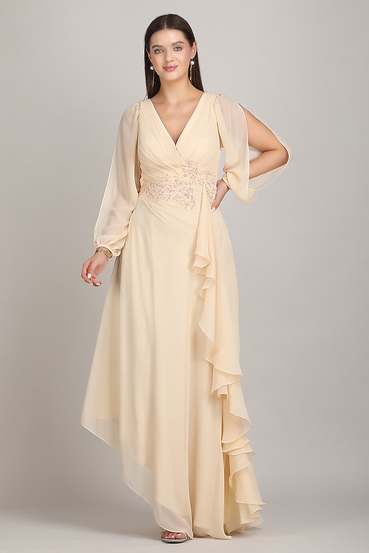 Beige Viscose Georgette Ruffled Party Wear Gown by Mandira Wirk - Resort at Pernia's Pop Up Shop