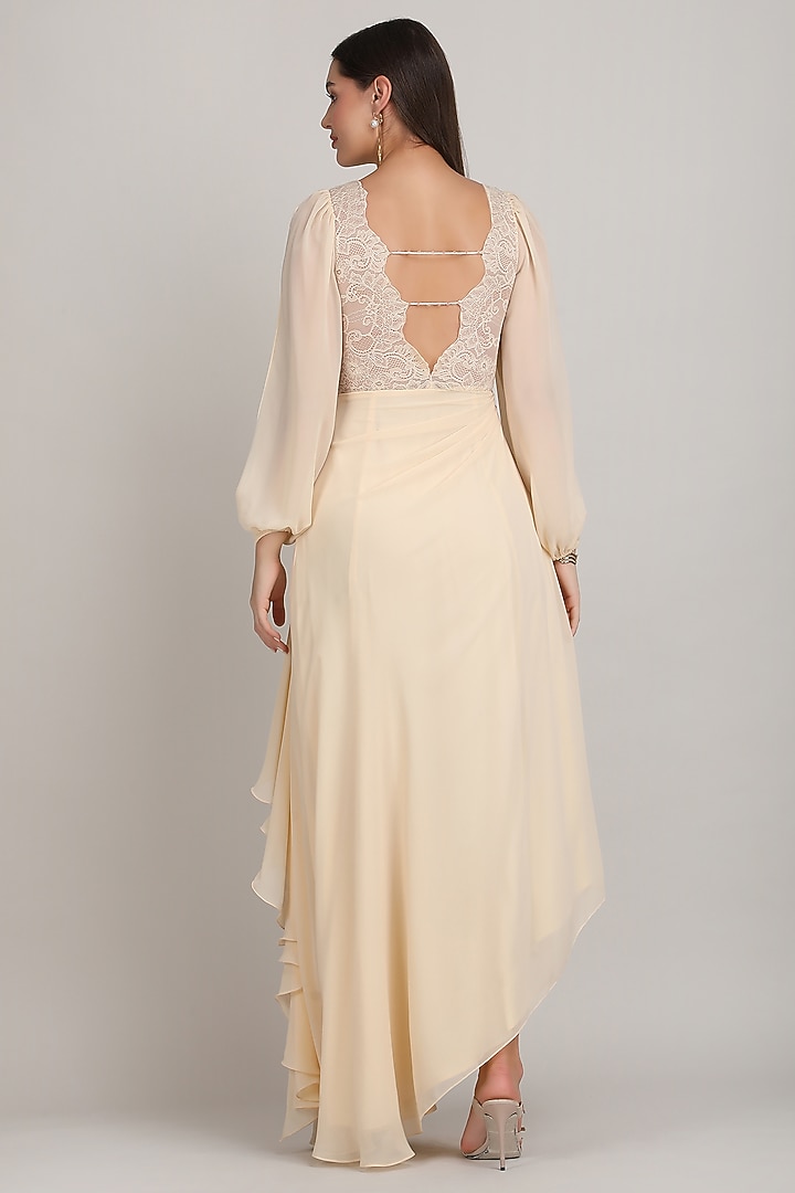 Beige Viscose Georgette Ruffled Party Wear Gown by Mandira Wirk - Resort at Pernia's Pop Up Shop