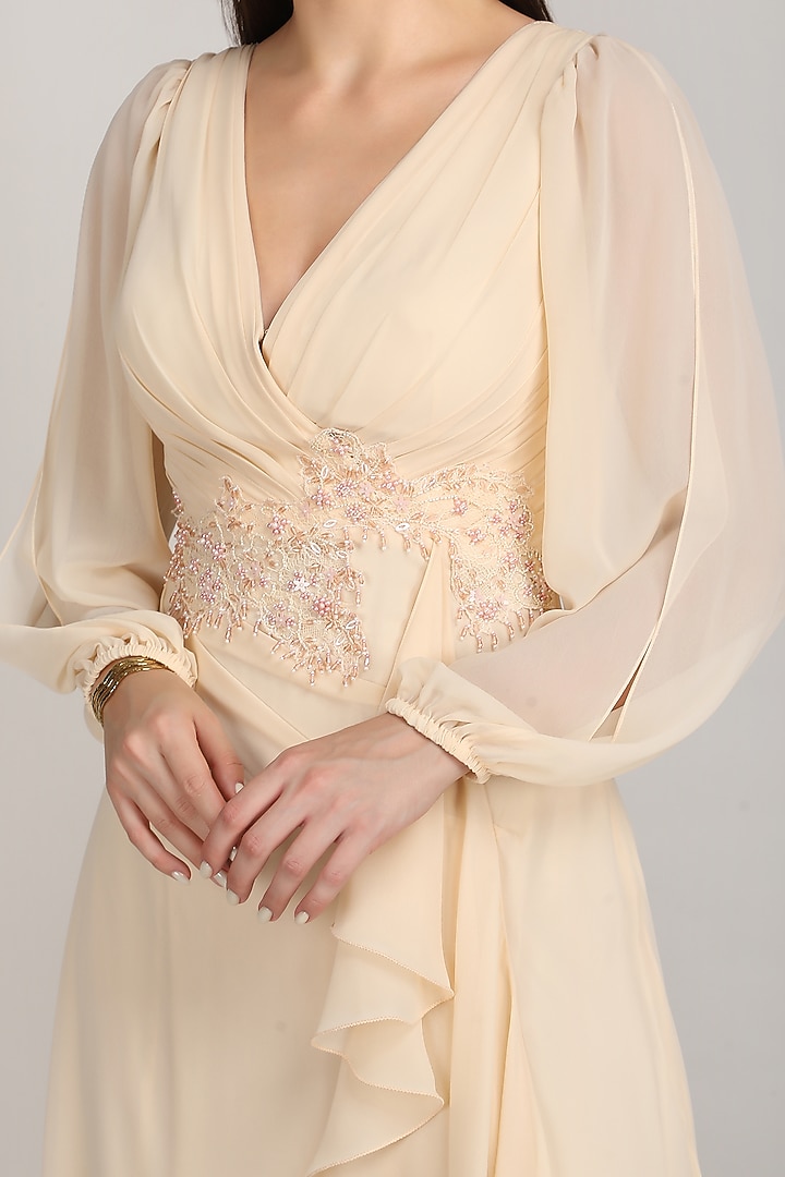Beige Viscose Georgette Ruffled Party Wear Gown by Mandira Wirk - Resort at Pernia's Pop Up Shop