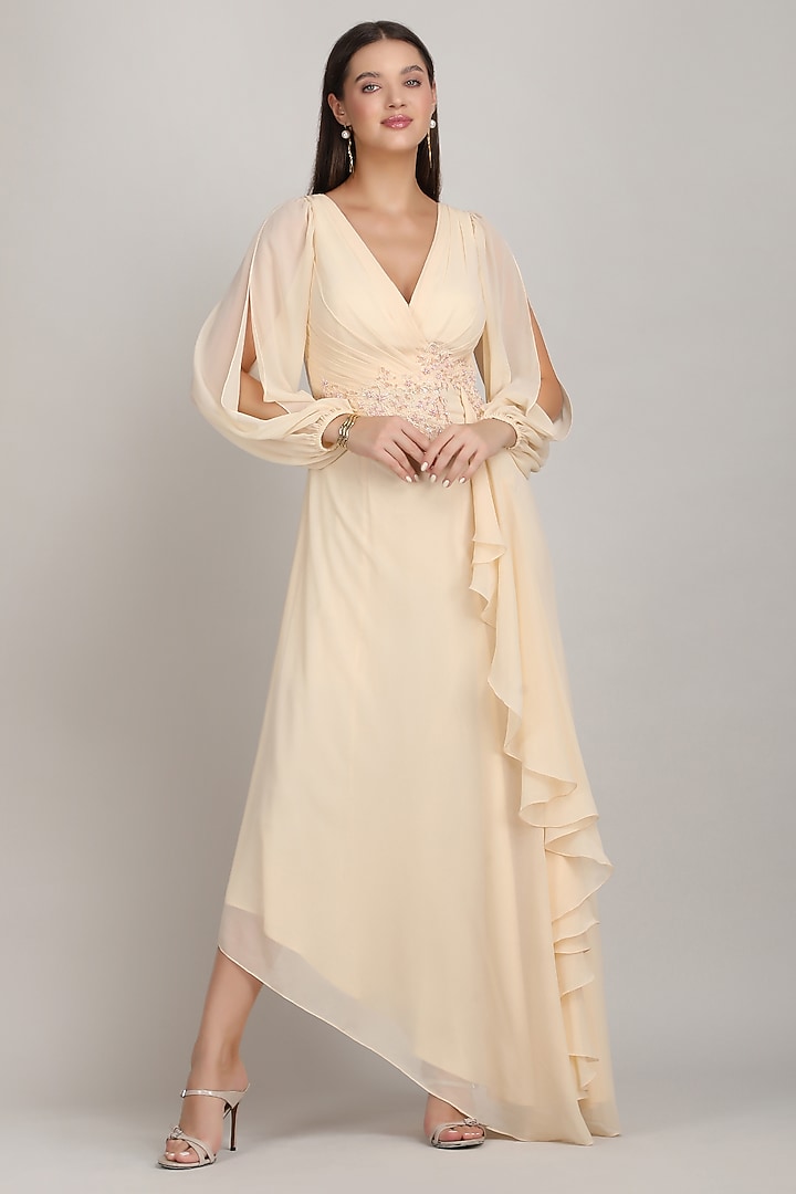 Beige Viscose Georgette Ruffled Party Wear Gown by Mandira Wirk - Resort at Pernia's Pop Up Shop