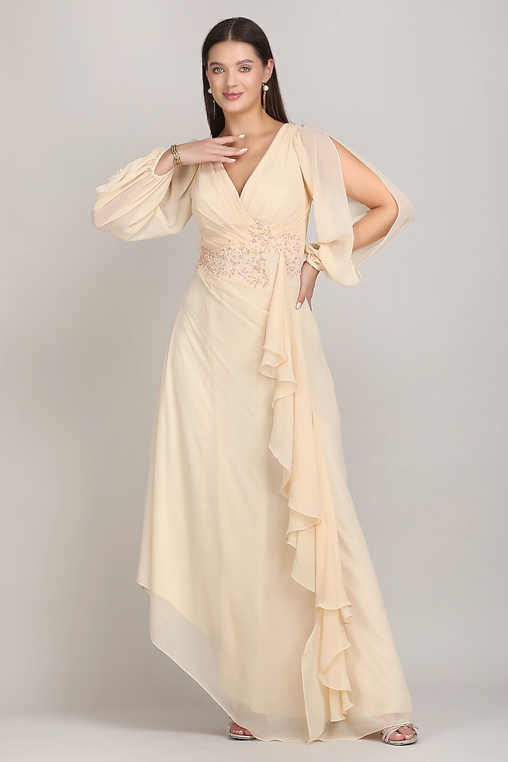 Beige Viscose Georgette Ruffled Party Wear Gown by Mandira Wirk - Resort at Pernia's Pop Up Shop