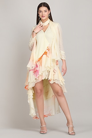 Light Beige Viscose Chiffon High-Low Dress by Mandira Wirk - Resort