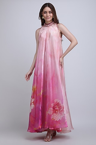 Pink Organza Embroidered Sleeveless Maxi Dress by Mandira Wirk - Resort
