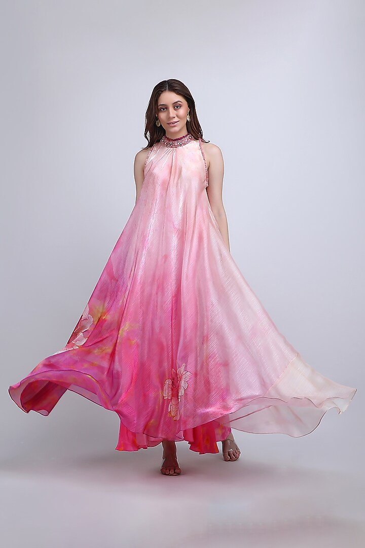 Pink Organza Embroidered Sleeveless Maxi Vacation Dress by Mandira Wirk - Resort at Pernia's Pop Up Shop