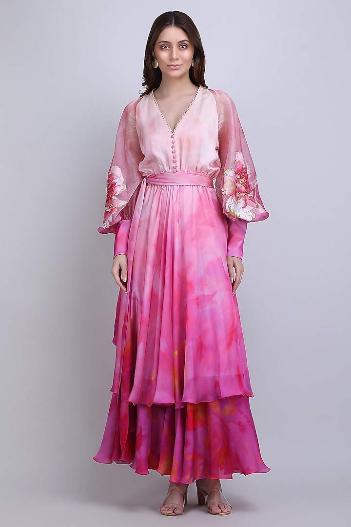 Pink Chiffon Satin Floral Maxi Cocktail Dress by Mandira Wirk - Resort at Pernia's Pop Up Shop