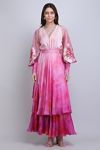 Pink Chiffon Satin Floral Maxi Dress by Mandira Wirk - Resort