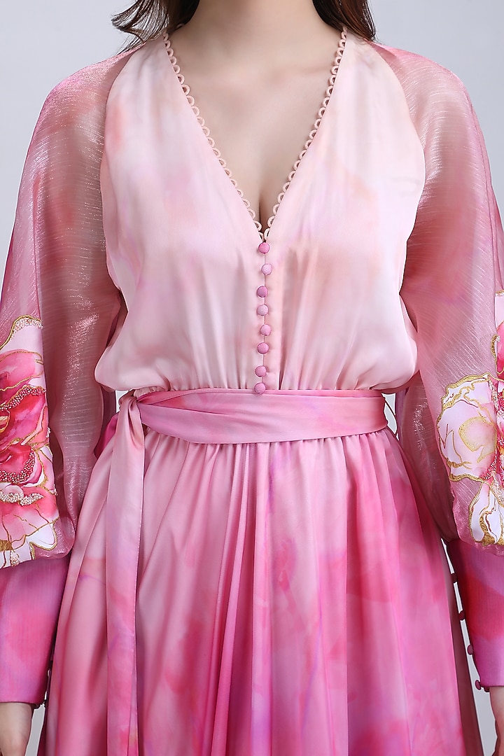 Pink Chiffon Satin Floral Maxi Cocktail Dress by Mandira Wirk - Resort at Pernia's Pop Up Shop