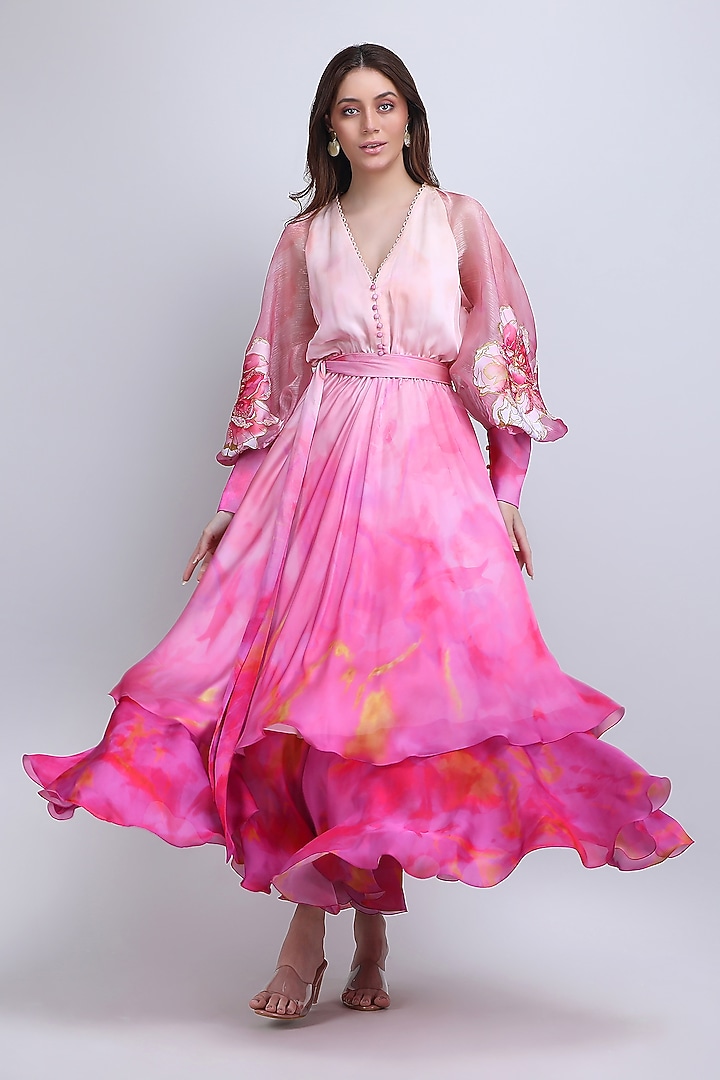 Pink Chiffon Satin Floral Maxi Cocktail Dress by Mandira Wirk - Resort at Pernia's Pop Up Shop