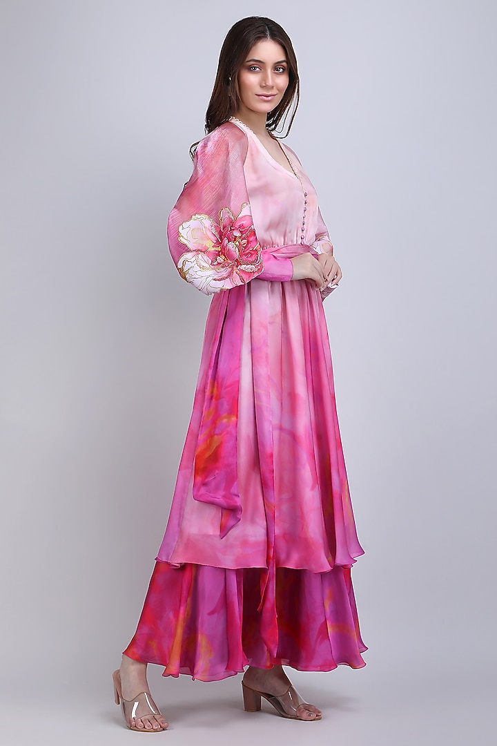 Pink Chiffon Satin Floral Maxi Cocktail Dress by Mandira Wirk - Resort at Pernia's Pop Up Shop