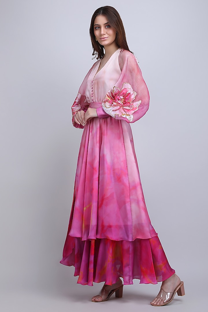 Pink Chiffon Satin Floral Maxi Cocktail Dress by Mandira Wirk - Resort at Pernia's Pop Up Shop
