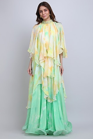 Yellow Viscose Chiffon High-Neck Maxi Dress by Mandira Wirk - Resort
