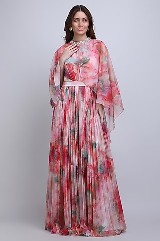 Multi-Colored Poly Chiffon Floral Printed Maxi Dress by Mandira Wirk - Resort