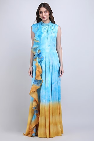 Turquoise Lycra Satin Ruffled Maxi Dress by Mandira Wirk - Resort