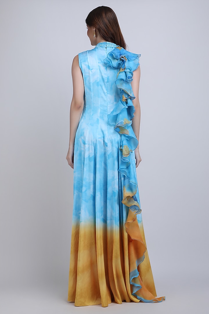 Turquoise Lycra Satin Ruffled Maxi Cocktail Dress by Mandira Wirk - Resort at Pernia's Pop Up Shop