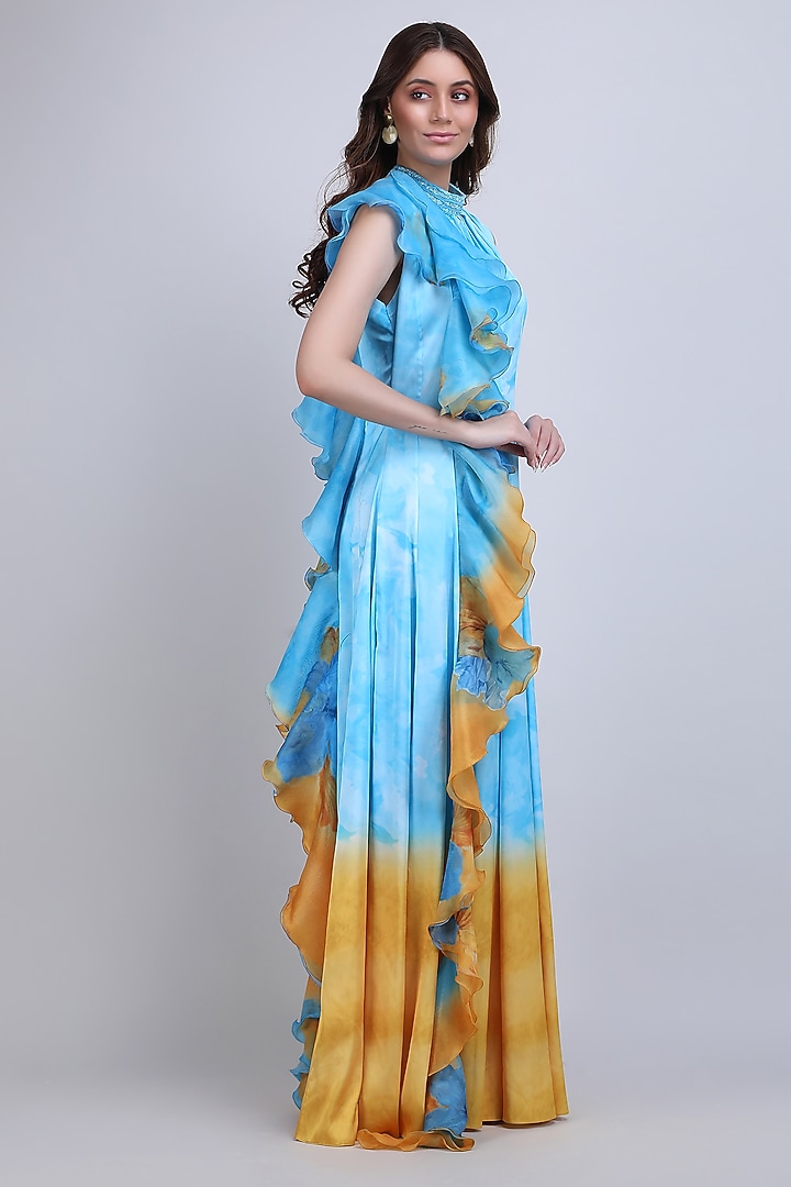 Turquoise Lycra Satin Ruffled Maxi Cocktail Dress by Mandira Wirk - Resort at Pernia's Pop Up Shop