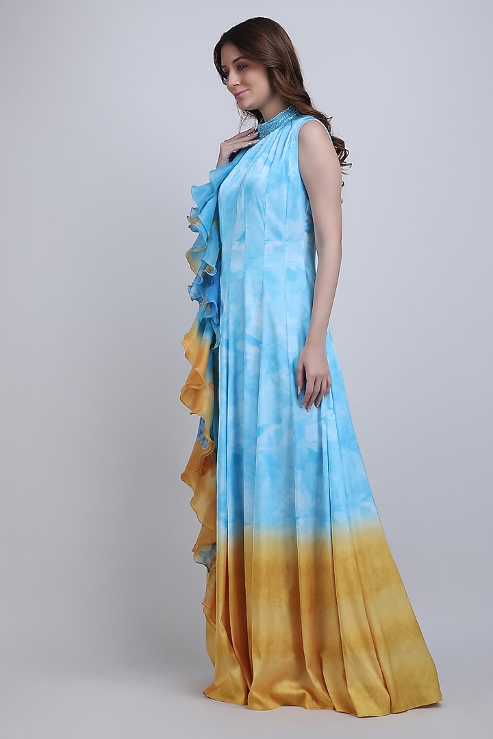 Turquoise Lycra Satin Ruffled Maxi Cocktail Dress by Mandira Wirk - Resort at Pernia's Pop Up Shop