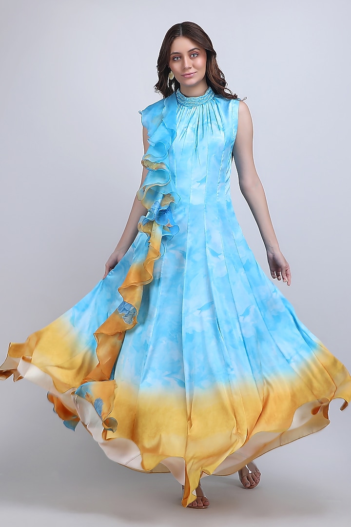 Turquoise Lycra Satin Ruffled Maxi Cocktail Dress by Mandira Wirk - Resort at Pernia's Pop Up Shop