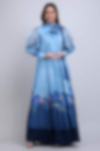 Blue Organza Floral Printed Maxi Cocktail Dress by Mandira Wirk - Resort at Pernia's Pop Up Shop