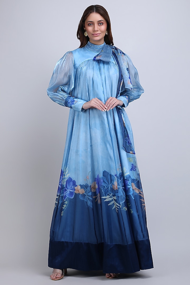Blue Organza Floral Printed Maxi Cocktail Dress by Mandira Wirk - Resort at Pernia's Pop Up Shop