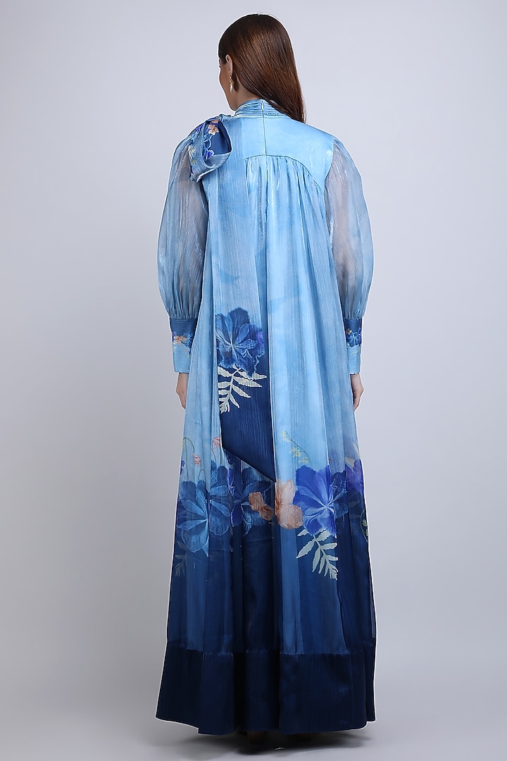 Blue Organza Floral Printed Maxi Cocktail Dress by Mandira Wirk - Resort at Pernia's Pop Up Shop
