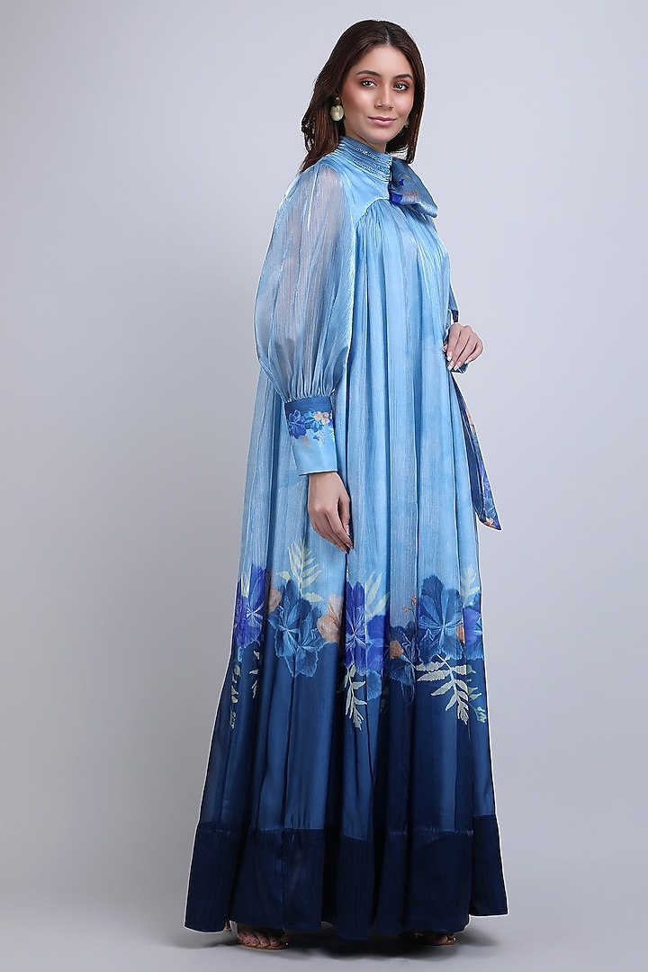 Blue Organza Floral Printed Maxi Cocktail Dress by Mandira Wirk - Resort at Pernia's Pop Up Shop