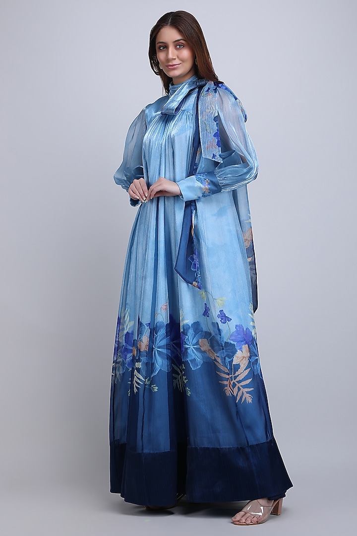 Blue Organza Floral Printed Maxi Cocktail Dress by Mandira Wirk - Resort at Pernia's Pop Up Shop