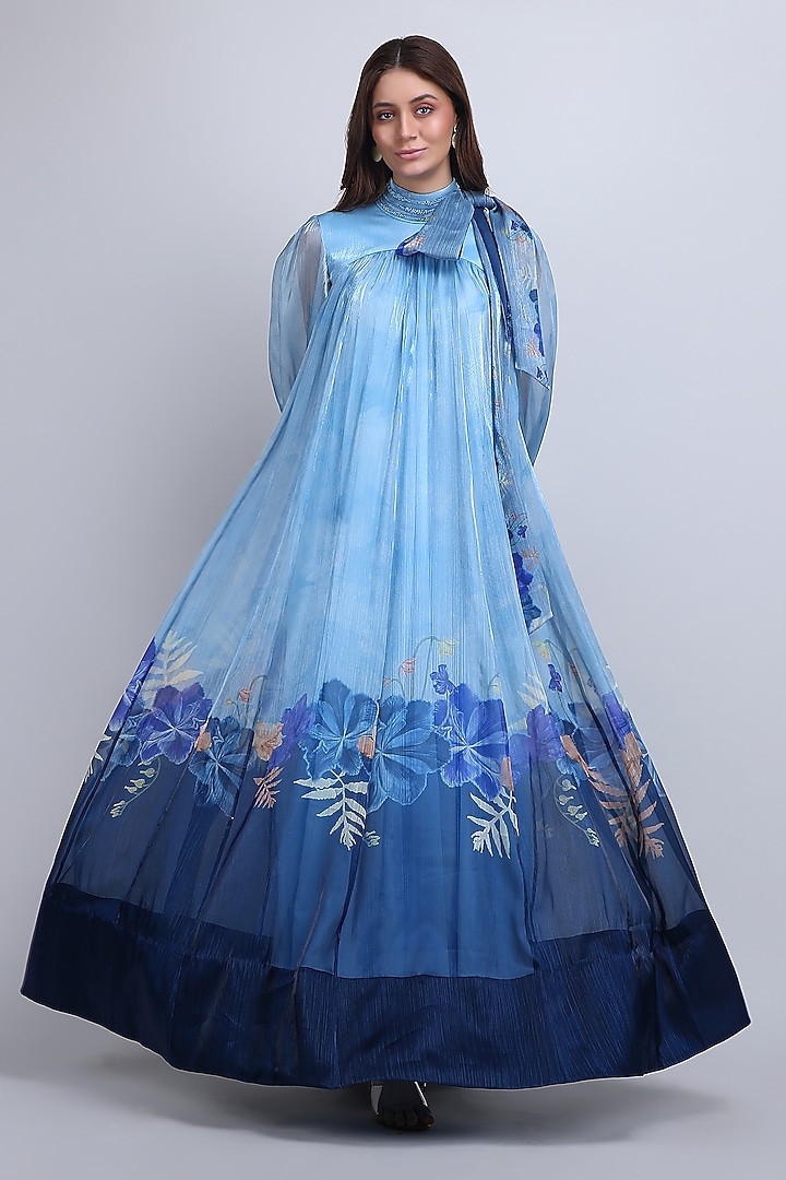 Blue Organza Floral Printed Maxi Cocktail Dress by Mandira Wirk - Resort at Pernia's Pop Up Shop