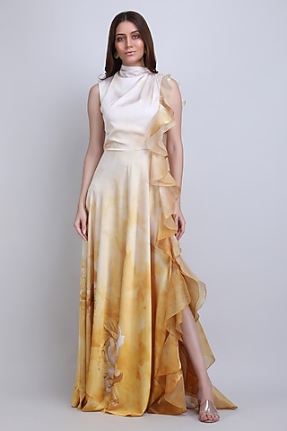 Ochre Ombre Chiffon Satin Ruffled Maxi Dress by Mandira Wirk - Resort