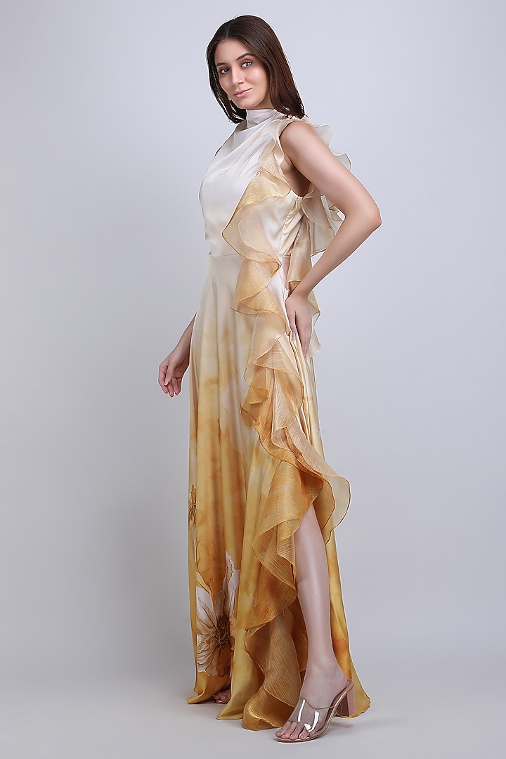 Ochre Ombre Chiffon Satin Ruffled Maxi Cocktail Dress by Mandira Wirk - Resort at Pernia's Pop Up Shop