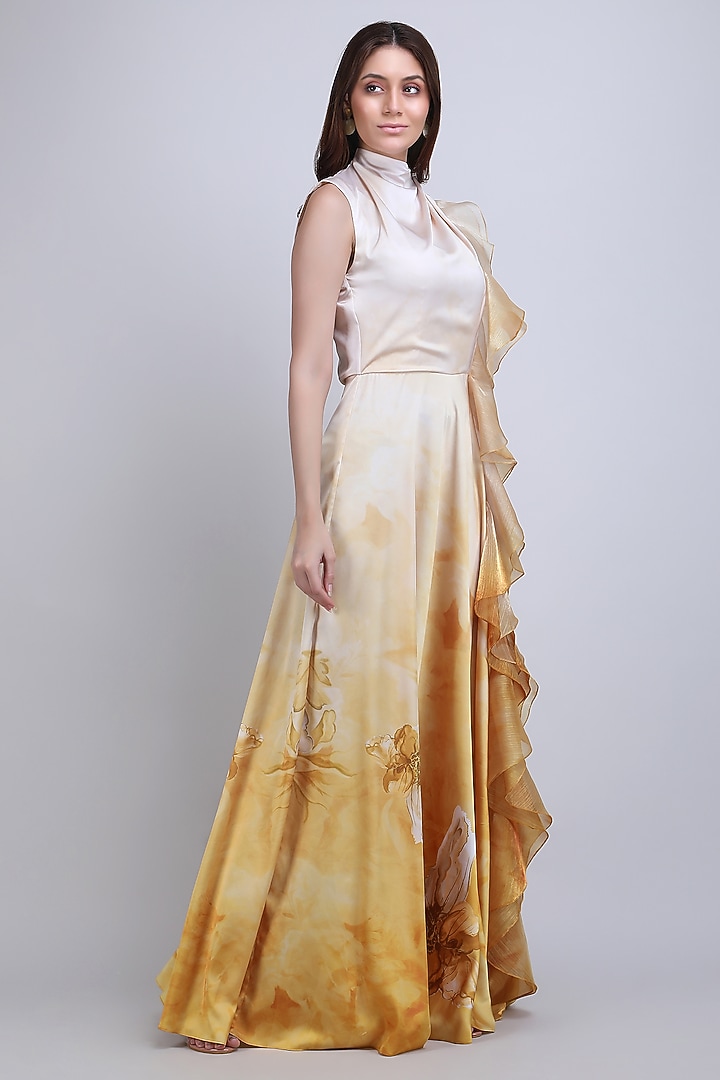Ochre Ombre Chiffon Satin Ruffled Maxi Cocktail Dress by Mandira Wirk - Resort at Pernia's Pop Up Shop
