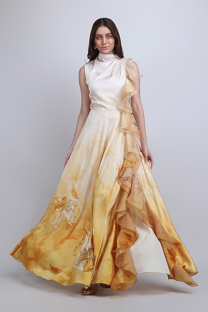 Ochre Ombre Chiffon Satin Ruffled Maxi Cocktail Dress by Mandira Wirk - Resort at Pernia's Pop Up Shop