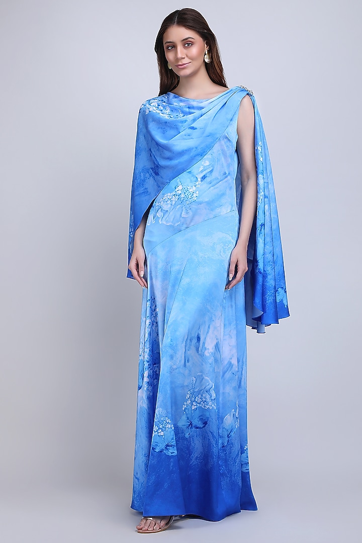 Blue Satin Lycra Embroidered Maxi Vacation Dress by Mandira Wirk - Resort at Pernia's Pop Up Shop