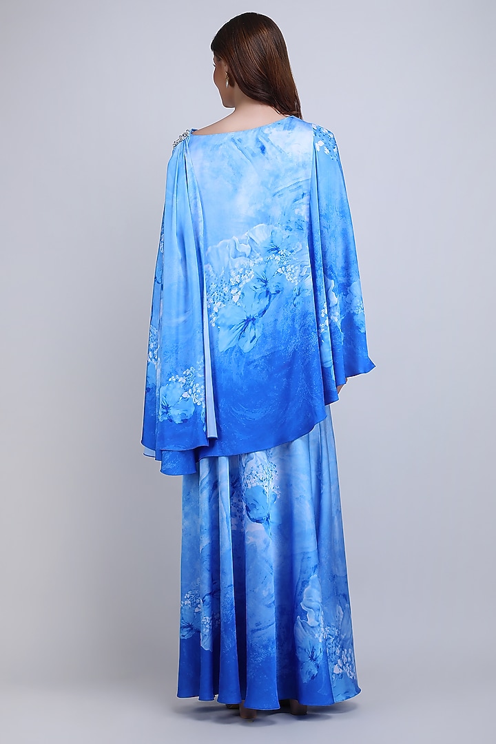 Blue Satin Lycra Embroidered Maxi Vacation Dress by Mandira Wirk - Resort at Pernia's Pop Up Shop