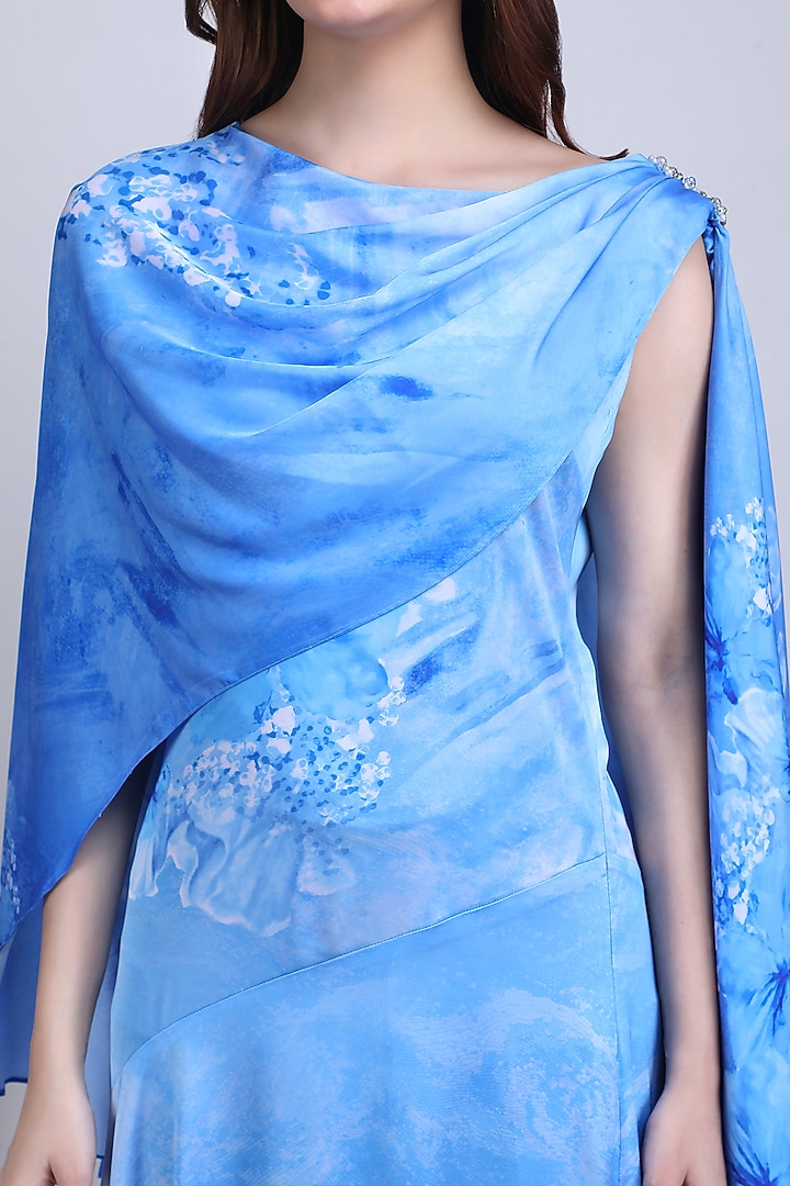 Blue Satin Lycra Embroidered Maxi Vacation Dress by Mandira Wirk - Resort at Pernia's Pop Up Shop