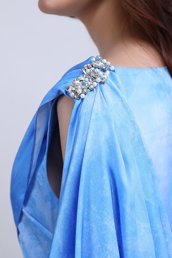 Blue Satin Lycra Embroidered Maxi Vacation Dress by Mandira Wirk - Resort at Pernia's Pop Up Shop