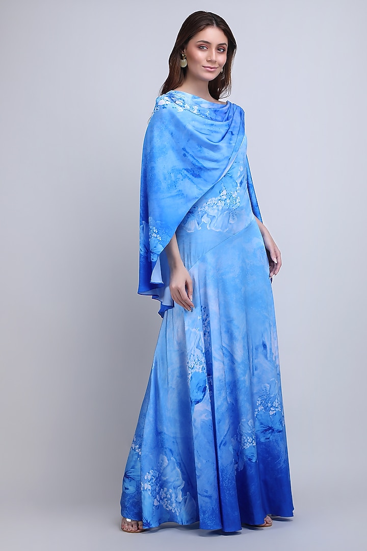 Blue Satin Lycra Embroidered Maxi Vacation Dress by Mandira Wirk - Resort at Pernia's Pop Up Shop