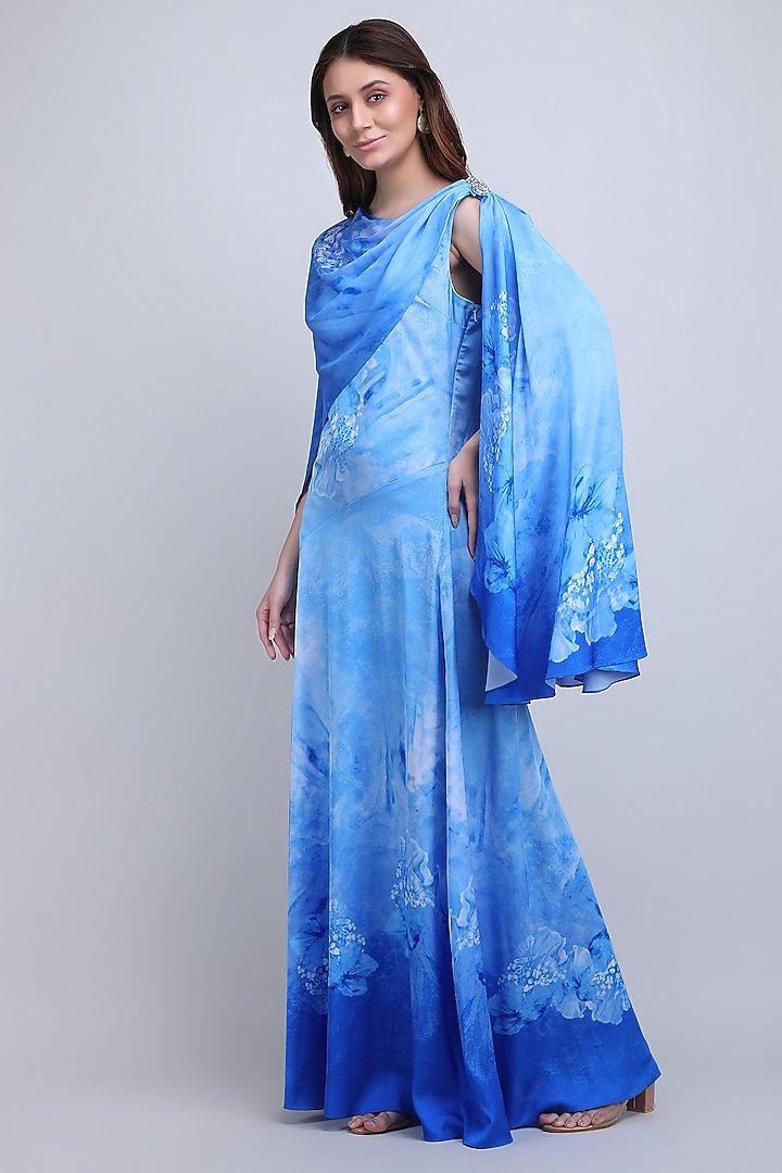 Blue Satin Lycra Embroidered Maxi Vacation Dress by Mandira Wirk - Resort at Pernia's Pop Up Shop