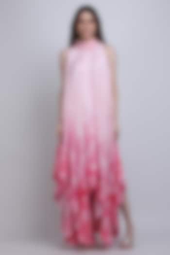 Pink Chiffon Satin Floral Embroidered Asymmetric High-Low Vacation Dress by Mandira Wirk - Resort at Pernia's Pop Up Shop