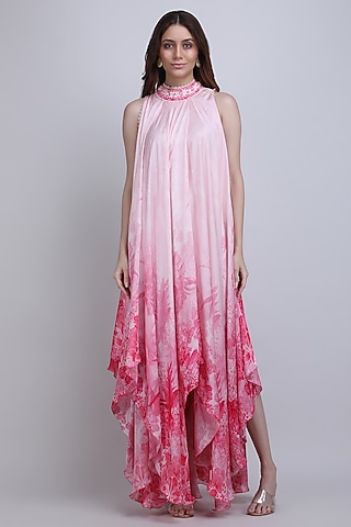 Pink Chiffon Satin Floral Embroidered Asymmetric High-Low Dress by Mandira Wirk - Resort