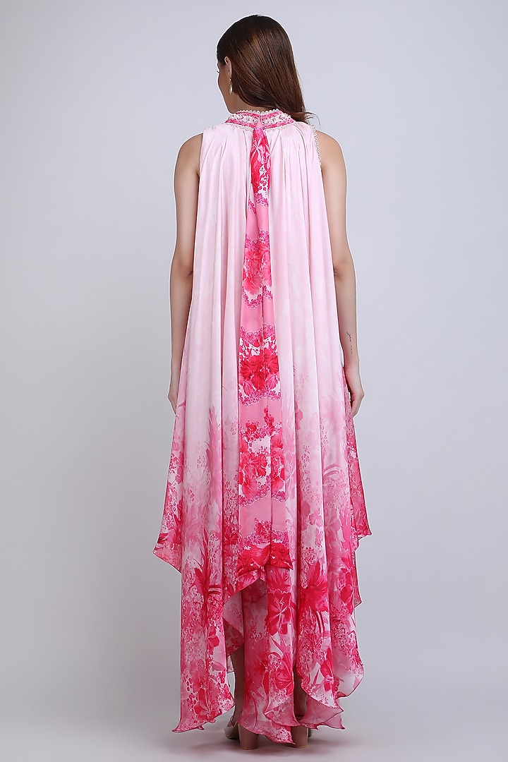 Pink Chiffon Satin Floral Embroidered Asymmetric High-Low Vacation Dress by Mandira Wirk - Resort at Pernia's Pop Up Shop
