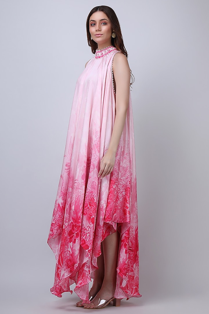 Pink Chiffon Satin Floral Embroidered Asymmetric High-Low Vacation Dress by Mandira Wirk - Resort at Pernia's Pop Up Shop
