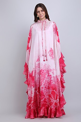 Pink Chiffon Satin Embroidered & Printed Kaftan by Mandira Wirk - Resort