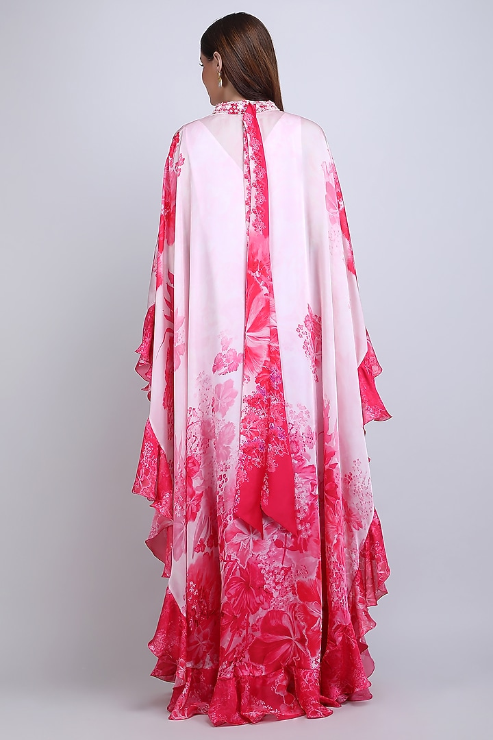 Pink Chiffon Satin Embroidered & Printed Kaftan by Mandira Wirk - Resort at Pernia's Pop Up Shop