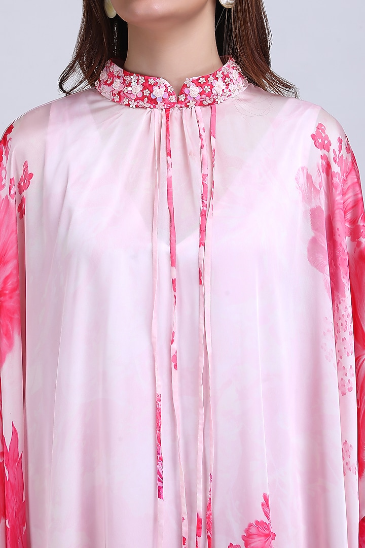 Pink Chiffon Satin Embroidered & Printed Kaftan by Mandira Wirk - Resort at Pernia's Pop Up Shop