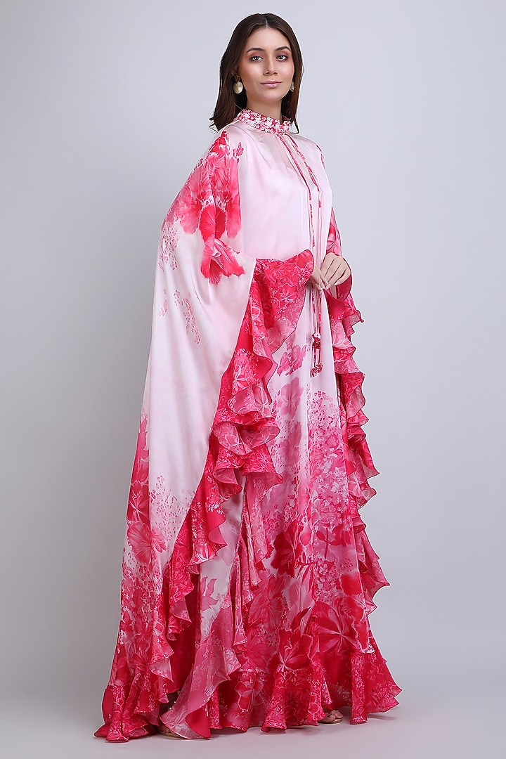 Pink Chiffon Satin Embroidered & Printed Kaftan by Mandira Wirk - Resort at Pernia's Pop Up Shop