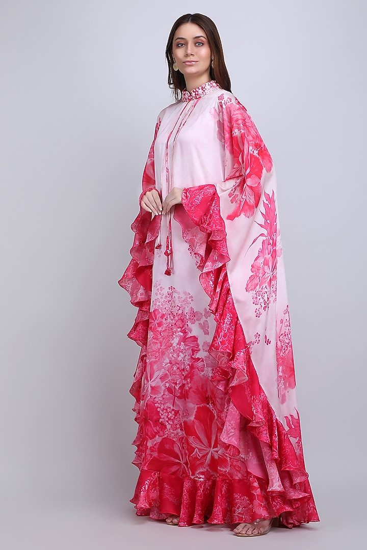 Pink Chiffon Satin Embroidered & Printed Kaftan by Mandira Wirk - Resort at Pernia's Pop Up Shop