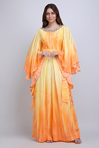 Orange Viscose Crepe Embroidered Jumpsuit by Mandira Wirk - Resort