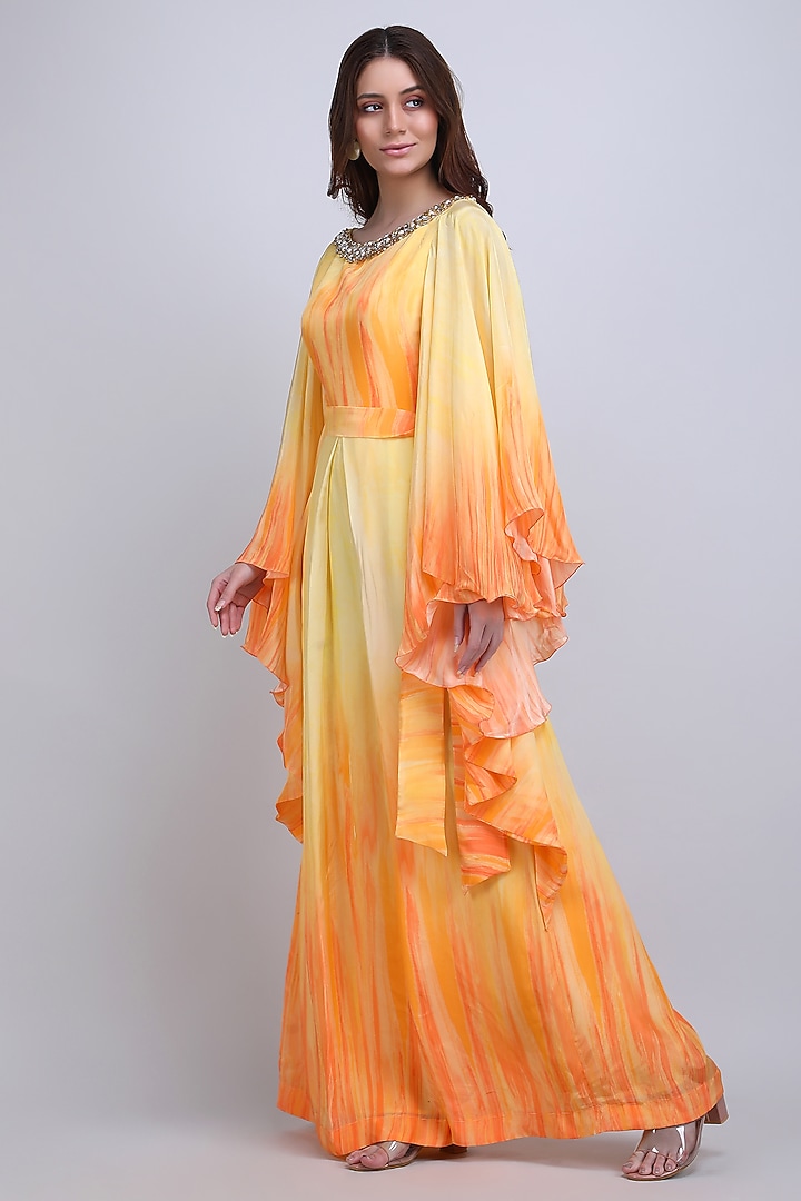 Orange Viscose Crepe Embroidered Jumpsuit by Mandira Wirk - Resort at Pernia's Pop Up Shop